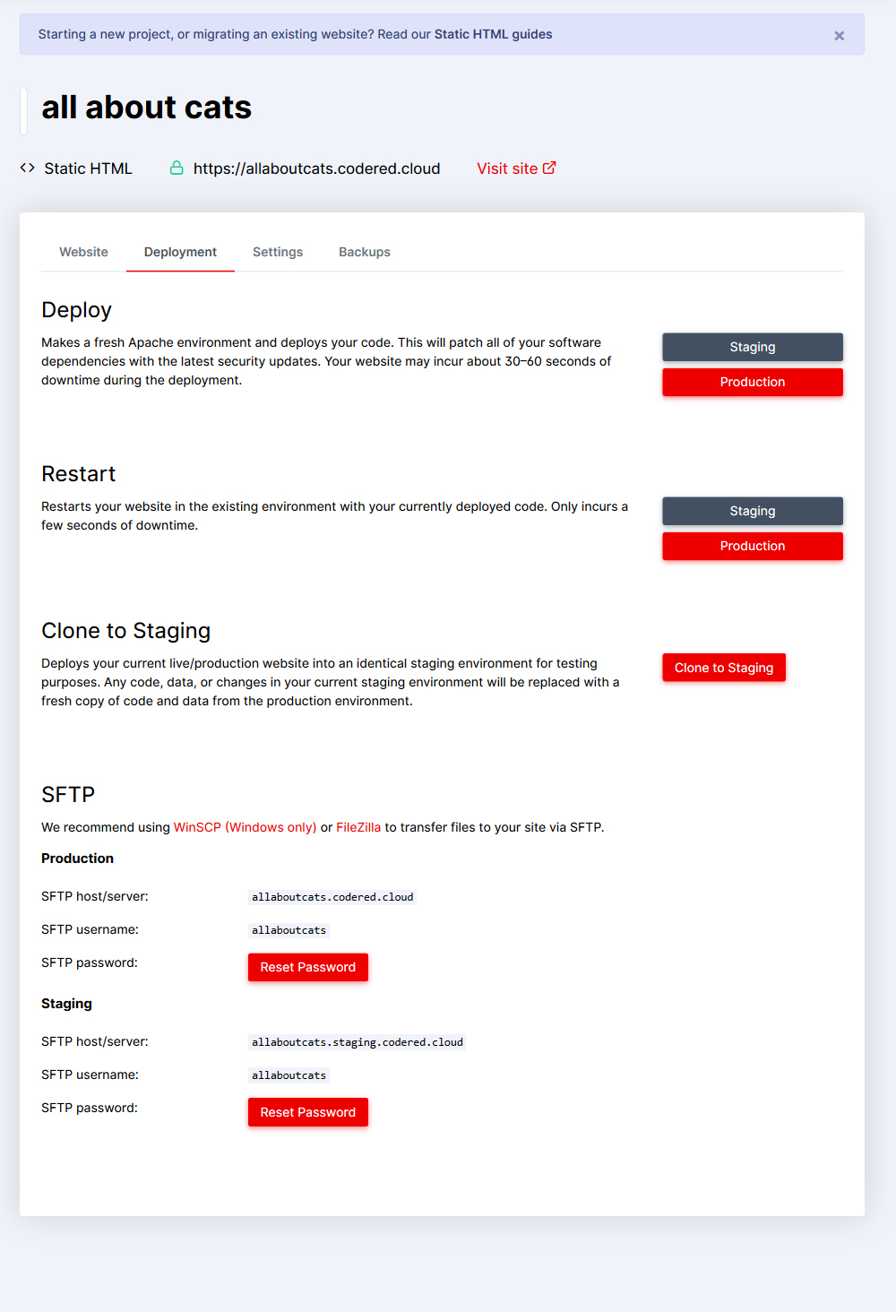 SFTP info in dashboard